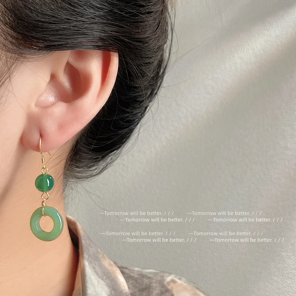 Vintage Fashion Guild - Зеленый настоящий нефритовый кольцо, серьги, резной